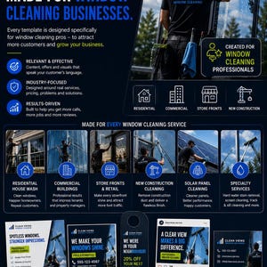May include: A marketing template for window cleaning businesses featuring a professional cleaning a window, service icons for residential and commercial work, and examples of flyers, yard signs, door hangers, social posts, and business cards.