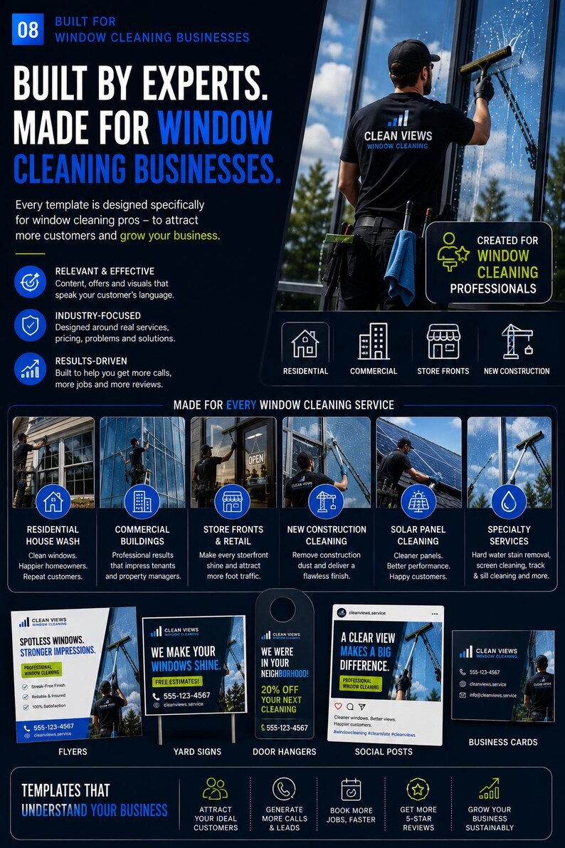 May include: A marketing template for window cleaning businesses featuring a professional cleaning a window, service icons for residential and commercial work, and examples of flyers, yard signs, door hangers, social posts, and business cards.