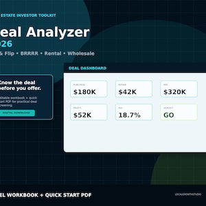May include: A digital Real Estate Investor Toolkit titled Deal Analyzer 2026 featuring a Deal Dashboard with fields for Purchase $180K, Repair $42K, ARV $320K, Profit $52K, ROI 18.7%, and a Verdict of GO. Includes an editable workbook and quick start PDF.