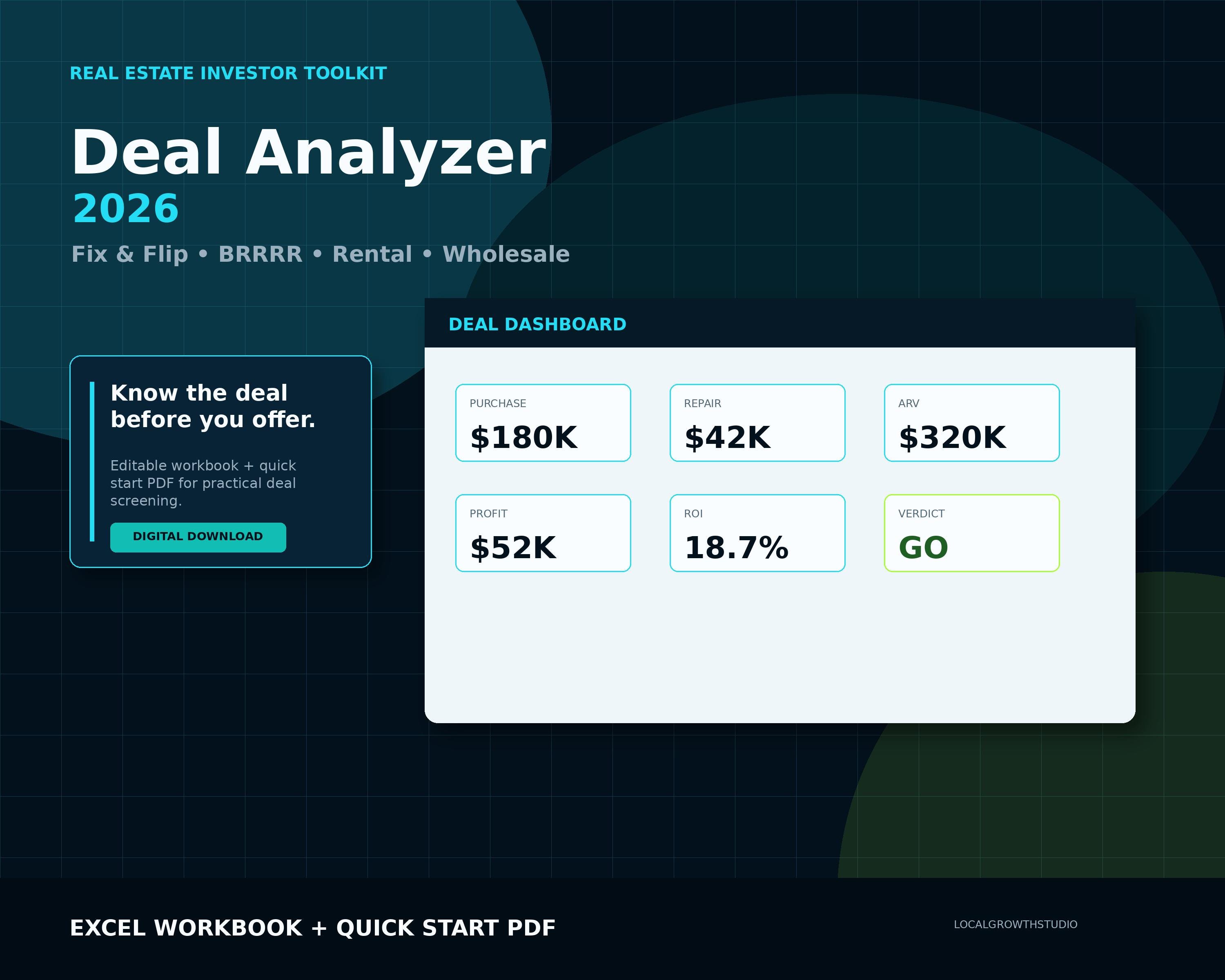 Real estate deal analyzer spreadsheet cover from Local Growth Studio