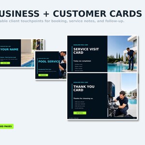 May include: A set of editable business and customer cards for pool maintenance services. The cards feature dark blue backgrounds with white text, including headings like Service Visit Card and Thank You Card, alongside bright green buttons.