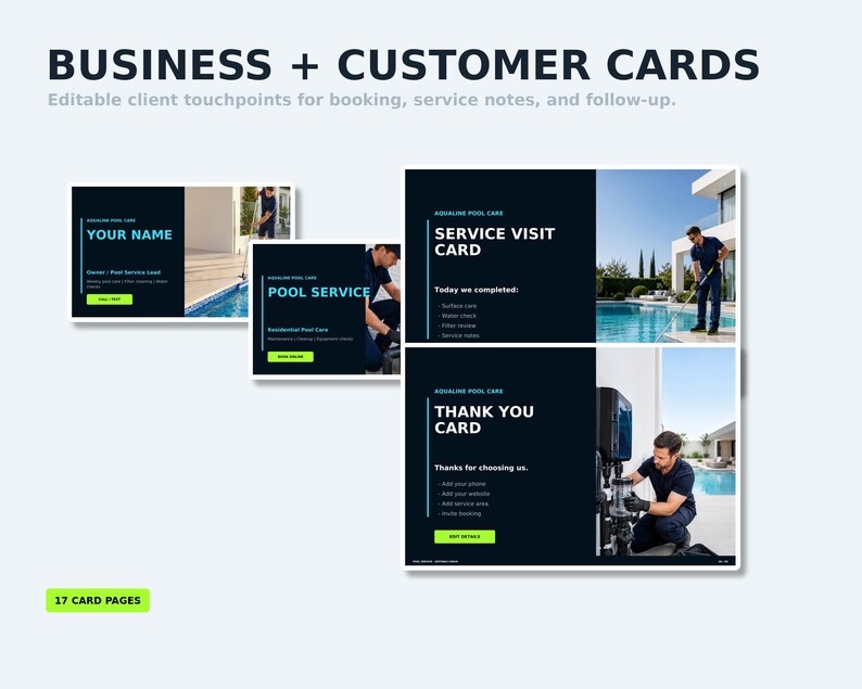 May include: A set of editable business and customer cards for pool maintenance services. The cards feature dark blue backgrounds with white text, including headings like Service Visit Card and Thank You Card, alongside bright green buttons.