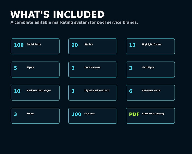 May include: A dark blue graphic listing a marketing system for pool service brands. It includes 100 social posts, 20 stories, 10 highlight covers, 5 flyers, 3 door hangers, 3 yard signs, 10 business card pages, 1 digital business card, 6 customer cards, 3 forms, 100 captions, and a PDF start here delivery file.