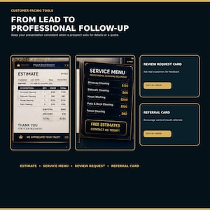 May include: A digital marketing template set featuring an estimate form, a service menu, a review request card, and a referral card. The dark-themed documents display text including FROM LEAD TO PROFESSIONAL FOLLOW-UP, ESTIMATE, SERVICE MENU, and EDIT IN CANVA buttons.