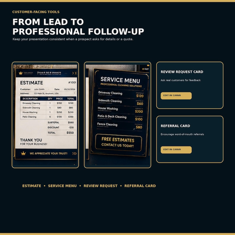 May include: A digital marketing template set featuring an estimate form, a service menu, a review request card, and a referral card. The dark-themed documents display text including FROM LEAD TO PROFESSIONAL FOLLOW-UP, ESTIMATE, SERVICE MENU, and EDIT IN CANVA buttons.