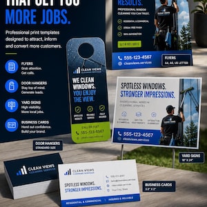 May include: A collection of professional window cleaning marketing templates including flyers, door hangers, yard signs, and business cards. The designs feature blue and white color schemes, text, and imagery of a person cleaning a window.