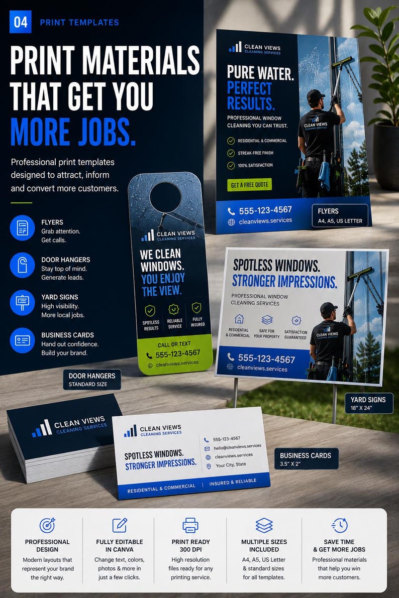 May include: A collection of professional window cleaning marketing templates including flyers, door hangers, yard signs, and business cards. The designs feature blue and white color schemes, text, and imagery of a person cleaning a window.