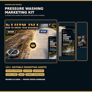 May include: A digital marketing kit for pressure washing businesses featuring 131 editable assets. The display shows before and after cleaning comparisons, mobile phone mockups with the text DIRT DOESN'T STAND A CHANCE, and social templates.