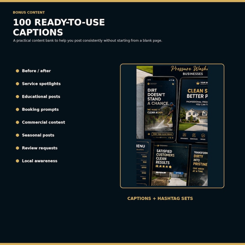 May include: A digital marketing resource titled 100 READY-TO-USE CAPTIONS featuring a list of content categories including before/after and service spotlights, alongside a preview of social media graphics for pressure washing businesses.