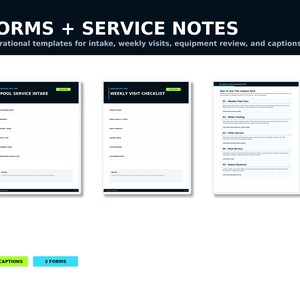 May include: A set of operational templates titled FORMS + SERVICE NOTES, featuring a Pool Service Intake form, a Weekly Visit Checklist, and a How To Use This Caption Pack instruction sheet, with two rectangular buttons labeled 100 CAPTIONS and 3 FORMS.