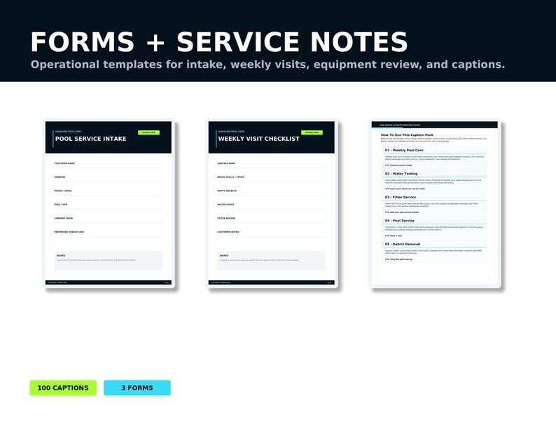 May include: A set of operational templates titled FORMS + SERVICE NOTES, featuring a Pool Service Intake form, a Weekly Visit Checklist, and a How To Use This Caption Pack instruction sheet, with two rectangular buttons labeled 100 CAPTIONS and 3 FORMS.