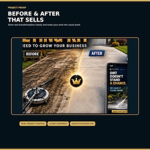 May include: A marketing graphic titled PROJECT PROOF BEFORE & AFTER THAT SELLS featuring a split-screen image of a dirty concrete driveway being cleaned by a surface cleaner, with a smartphone displaying the text DIRT DOESN'T STAND A CHANCE.
