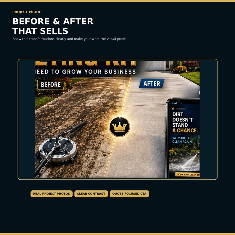 May include: A marketing graphic titled PROJECT PROOF BEFORE & AFTER THAT SELLS featuring a split-screen image of a dirty concrete driveway being cleaned by a surface cleaner, with a smartphone displaying the text DIRT DOESN'T STAND A CHANCE.