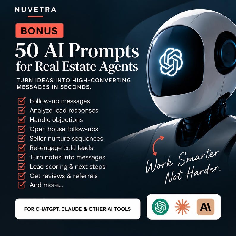 May include: A digital graphic featuring a white robot head with a glowing logo on its face. Text reads: NUVETRA, BONUS 50 AI Prompts for Real Estate Agents, TURN IDEAS INTO HIGH-CONVERTING MESSAGES IN SECONDS, Work Smarter Not Harder, and FOR CHATGPT, CLAUDE & OTHER AI TOOLS.