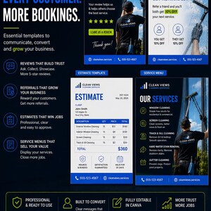 May include: A collection of business essential templates for window cleaning services, featuring designs for review requests, referral cards, estimates, and service menus. The templates include text, icons, and imagery of a person cleaning windows.