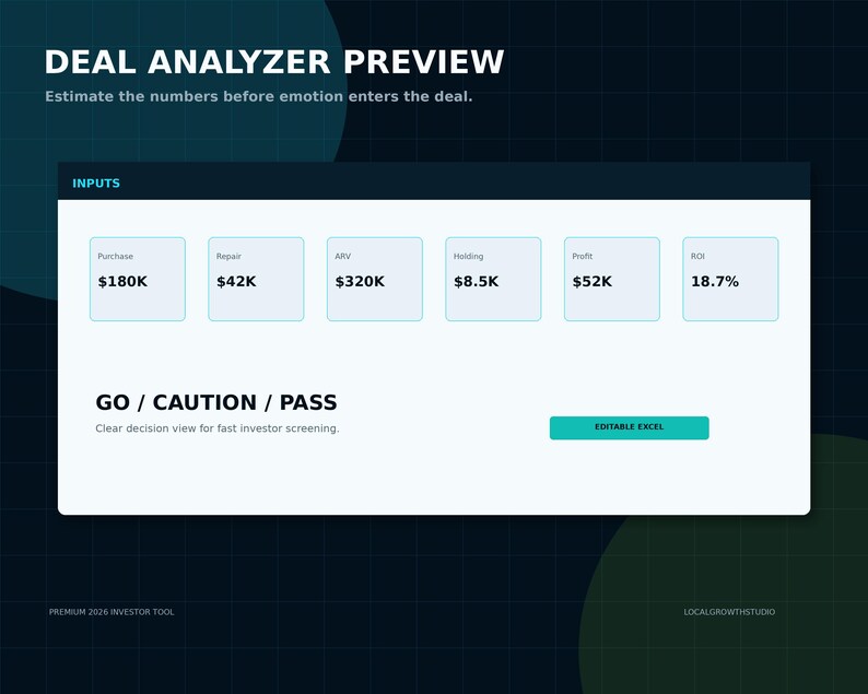 May include: A digital deal analyzer preview interface featuring a dark background with a grid pattern. The white panel displays input fields for purchase, repair, ARV, holding, profit, and ROI, with a button labeled EDITABLE EXCEL.