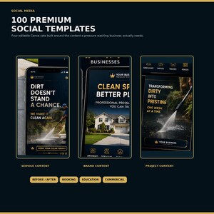 May include: A digital collection of 100 premium social media templates for pressure washing businesses. The dark-themed graphics feature text like DIRT DOESN'T STAND A CHANCE, CLEAN SPACES, and TRANSFORMING DIRTY INTO PRISTINE, displayed on mobile screens.