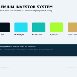 May include: A digital color palette guide titled PREMIUM INVESTOR SYSTEM featuring five rectangular swatches labeled Deep Navy, Electric Cyan, Investor Teal, Signal Lime, and Caution Gold, with text blocks describing SaaS-style visual design.