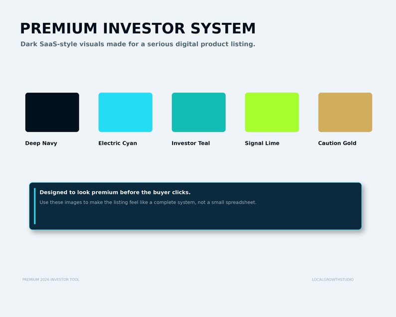 May include: A digital color palette guide titled PREMIUM INVESTOR SYSTEM featuring five rectangular swatches labeled Deep Navy, Electric Cyan, Investor Teal, Signal Lime, and Caution Gold, with text blocks describing SaaS-style visual design.