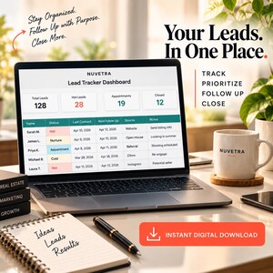 May include: A laptop displaying a Nuvetra Lead Tracker Dashboard with columns for name, status, and dates. Beside it sits a white mug with the Nuvetra logo, a black pen, a spiral notebook with the text Ideas Leads Results, and a digital download button.