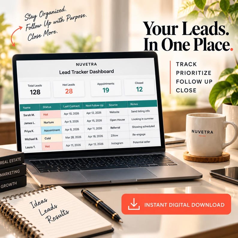 May include: A laptop displaying a Nuvetra Lead Tracker Dashboard with columns for name, status, and dates. Beside it sits a white mug with the Nuvetra logo, a black pen, a spiral notebook with the text Ideas Leads Results, and a digital download button.
