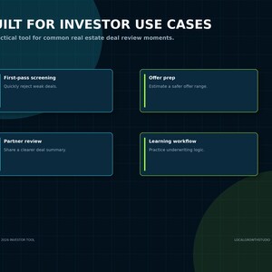 May include: A dark blue graphic display titled BUILT FOR INVESTOR USE CASES with four rectangular boxes. The boxes contain text for First-pass screening, Offer prep, Partner review, and Learning workflow, with a grid background and circular accents.