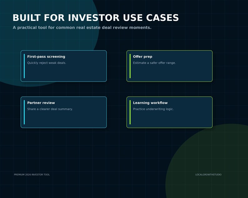 May include: A dark blue graphic display titled BUILT FOR INVESTOR USE CASES with four rectangular boxes. The boxes contain text for First-pass screening, Offer prep, Partner review, and Learning workflow, with a grid background and circular accents.