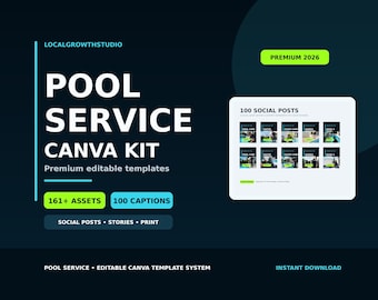 Pool Service Canva Templates, Marketing Kit, Social Media Posts, Flyers, Door Hangers, Captions