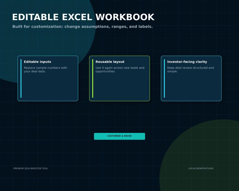 May include: An editable Excel workbook digital tool with a dark grid background. Text includes EDITABLE EXCEL WORKBOOK, Built for customization, Editable inputs, Reusable layout, Investor-facing clarity, CUSTOMIZE & REUSE, and PREMIUM 2026 INVESTOR TOOL.