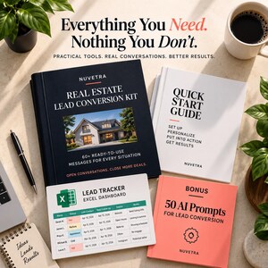 May include: A Real Estate Lead Conversion Kit with a black cover, a white Quick Start Guide, a coral Bonus 50 AI Prompts book, and a Lead Tracker Excel Dashboard card. Text includes Everything You Need. Nothing You Don't. Practical Tools.