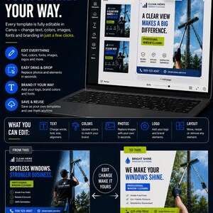 May include: A digital marketing template for window cleaning businesses, fully editable in Canva. The layout features a laptop displaying a design interface, with text including 100% EDITABLE. YOUR BRAND. YOUR WAY. and examples showing before and after branding transformations.