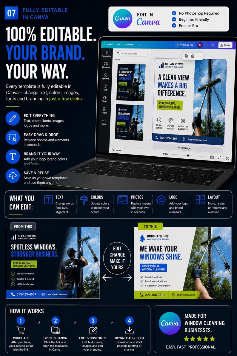 May include: A digital marketing template for window cleaning businesses, fully editable in Canva. The layout features a laptop displaying a design interface, with text including 100% EDITABLE. YOUR BRAND. YOUR WAY. and examples showing before and after branding transformations.