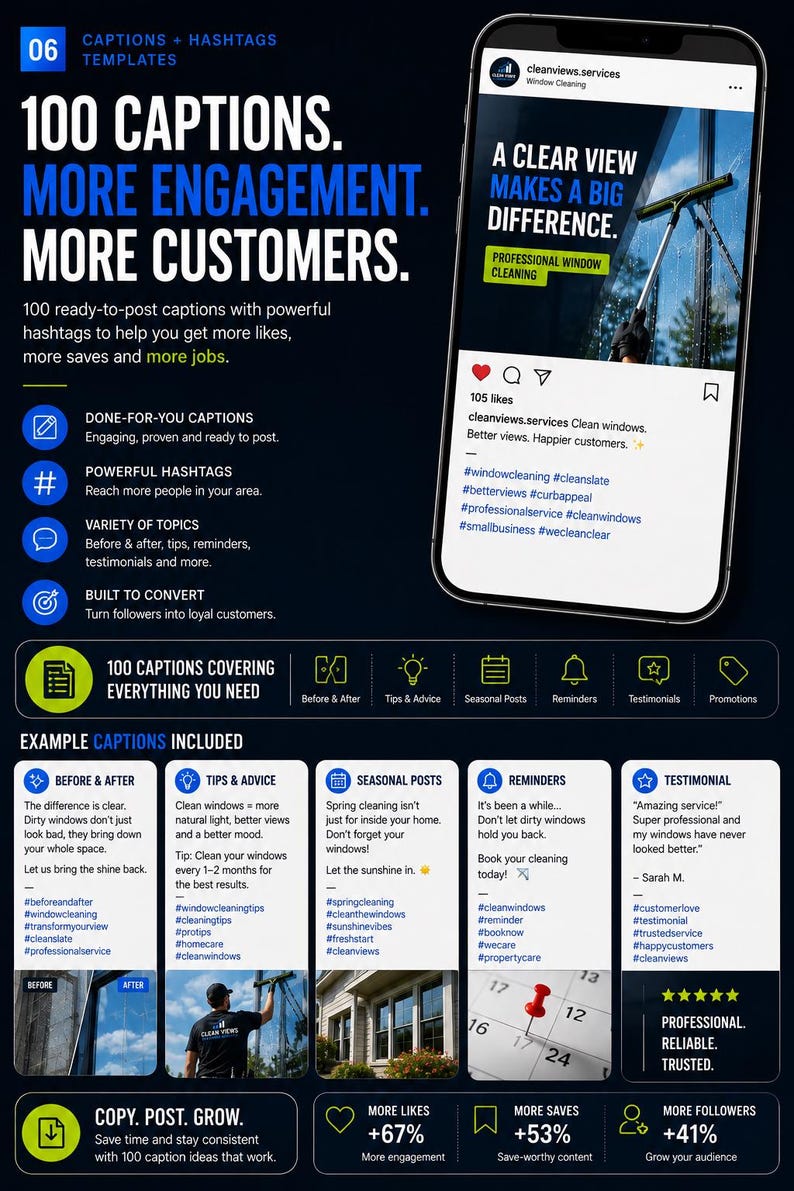 May include: A digital marketing template for social media featuring 100 captions for window cleaning services. The graphic displays a smartphone showing a post, lists of content categories, example captions, and performance metrics for engagement.