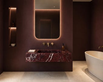 Lavabo de mármol Rosso Levanto, lavabo mural de piedra con ranuras y nervaduras, lavabo tallado a mano, lavabo de mármol, tamaño personalizado, piedra natural.