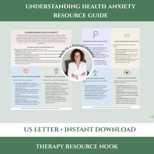 May include: A two-page educational resource guide titled Understanding Health Anxiety Resource Guide. The document features sections on the health anxiety hypervigilance loop, bodily alarm systems, and somatic grounding, with a circular portrait of a therapist.