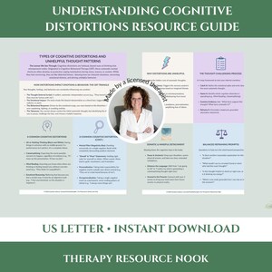 Op de afbeelding: Een digitale gids getiteld Understanding Cognitive Distortions Resource Guide, met secties over denkpatronen, de CGT-driehoek en veelvoorkomende cognitieve vervormingen. Het bevat een cirkelvormig portret en tekst.