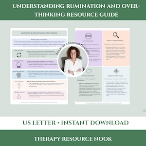 Peut inclure: Un guide de ressources numérique de deux pages intitulé Understanding Rumination and Over-Thinking. Le document présente des sections sur les pauses cognitives, les audits de réalité, l'ancrage somatique et les valeurs actuelles.