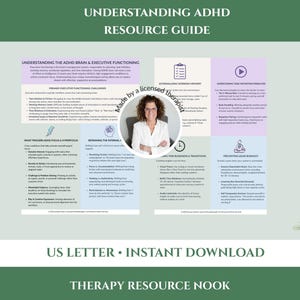 May include: An educational resource guide titled Understanding ADHD Resource Guide, featuring text on executive functioning, task initiation, and burnout prevention. The document includes a circular photo of a person and various icons.