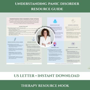 Puede incluir: Una guía de recursos educativos de dos páginas titulada Understanding Panic Disorder and Panic Attacks. El documento presenta secciones sobre el ciclo de la crisis de pánico, marcadores físicos, técnicas de conexión a tierra y autodiálogo cognitivo, con un retrato circular de una persona en el centro.