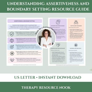 Puede incluir: Una guía de recursos de dos páginas titulada Understanding Assertiveness and Boundary Setting Resource Guide. El documento incluye secciones sobre cómo establecer límites y dejar de complacer a los demás con texto.