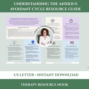 Peut inclure: Un guide de ressources éducatives de deux pages intitulé Understanding the Anxious Avoidant Cycle. Le document présente des sections sur la boucle poursuivant-distancé, les stratégies de désescalade et le renforcement de l'attachement.