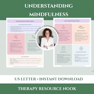 Può includere: Due dispense educative intitolate Understanding Mindfulness e Daily Mindfulness Tools, contenenti sezioni di testo su concetti, tecniche e pratiche quotidiane di consapevolezza, con un ritratto circolare al centro.