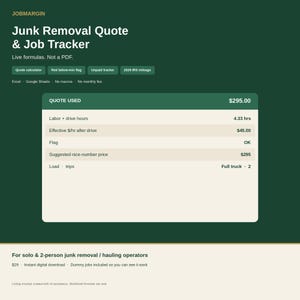 Junk Removal Quote Calculator Spreadsheet – Job Log, Unpaid Tracker, IRS Mileage 2026 | Excel & Google Sheets