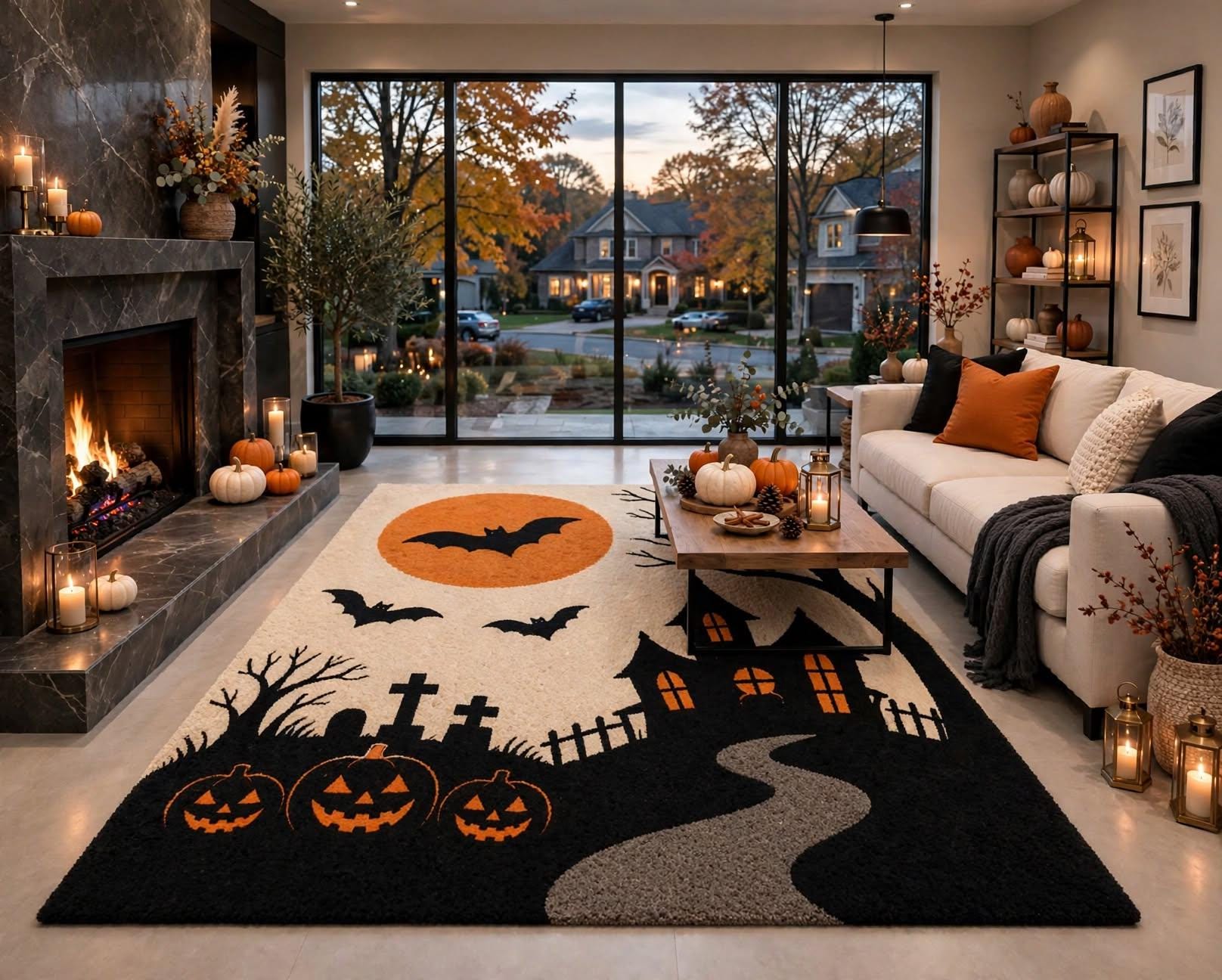 Halloween Haunted House Rug, Bats, Pumpkins, Owl, Graveyard (Cream, Black, Orange)