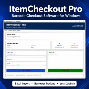 May include: ItemCheckout Pro barcode checkout software for Windows interface displaying a dashboard with scan, inventory, history, and settings tabs. The screen shows fields for scanning barcodes, borrower ID, name, due date, check out, and check in functions.