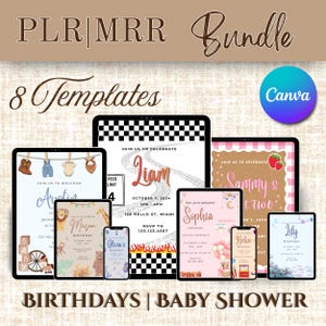 May include: A digital collection of 8 customizable invitation templates for birthdays and baby showers, featuring various themes like racing, animals, and floral designs, with text including PLR|MRR Bundle, 8 Templates, and Canva branding.