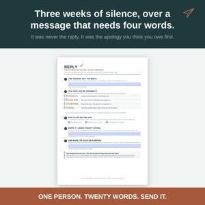 Peut inclure: Un document pédagogique blanc intitulé REPLY FOR THE MESSAGE YOU STILL HAVEN'T ANSWERED, présentant cinq étapes numérotées pour la communication. Le texte inclut des sections sur l'ouverture des messages, l'évitement des explications et la concision.