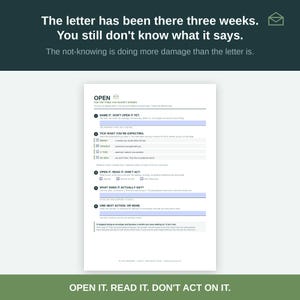 Op de afbeelding: Een wit instructieblad met de titel OPEN, zwarte tekst en lichtblauwe invulvelden. Het document beschrijft een proces van vijf stappen voor het beheren van ongeopende berichten, voorzien van selectievakjes en actie-instructies.