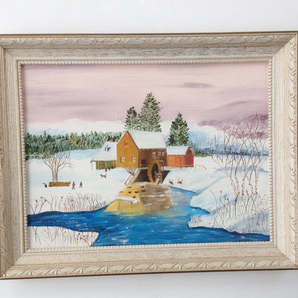 Vintage Oil Painting of a Winter Landscape Old Mill / Original Mid Century Oil Painting / Cottage Decor / Framed Art / Folk Art Painting