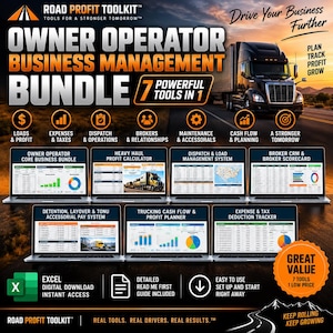 May include: A digital business management bundle for owner-operators featuring seven tools displayed on laptop screens. The graphic includes text such as ROAD PROFIT TOOLKIT, OWNER OPERATOR BUSINESS MANAGEMENT BUNDLE, and various icons for tracking loads, expenses, dispatch, brokers, maintenance, cash flow, and planning.